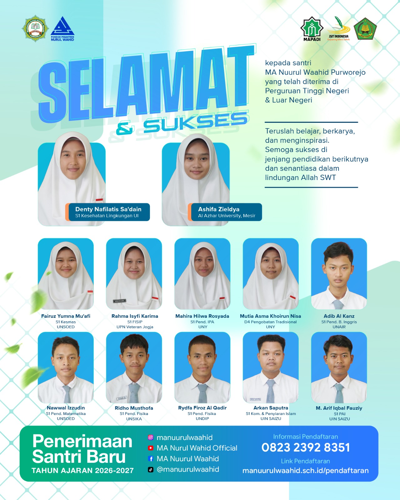 Selamat dan Sukses! Santri MA Pondok Pesantren Nurul Wahid Raih Prestasi Gemilang di Perguruan Tinggi Negeri Dalam dan Luar Negeri